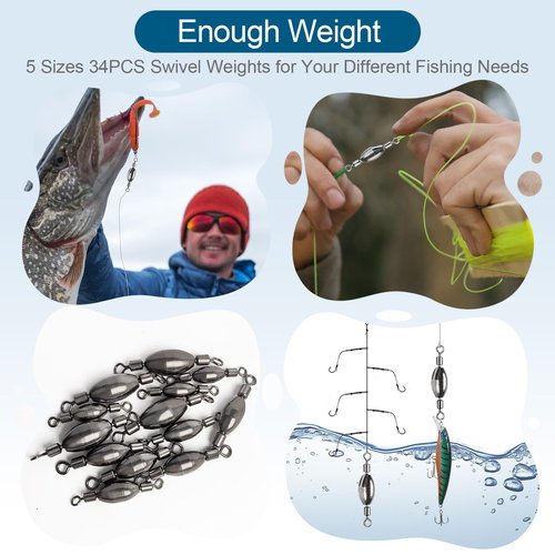 MYLPRETALE 34Pcs Fishing Weights Swivel Brass Sinkers Fishing Weight, Bullet Sinker Weight Kit Tackle, Rolling Swivel Saltwater Freshwater Drop Shot Weights