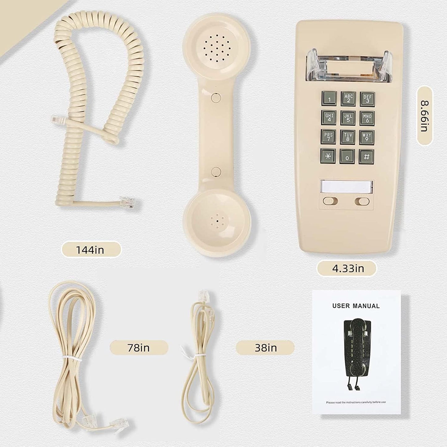 Wall Phone with Classic Design,Corded Wall Phone,Crisp Mechanical Ringer,Easy to Install, Retro Phone, Perfect for Kitchen,Living Room & Bedroom (Beige)