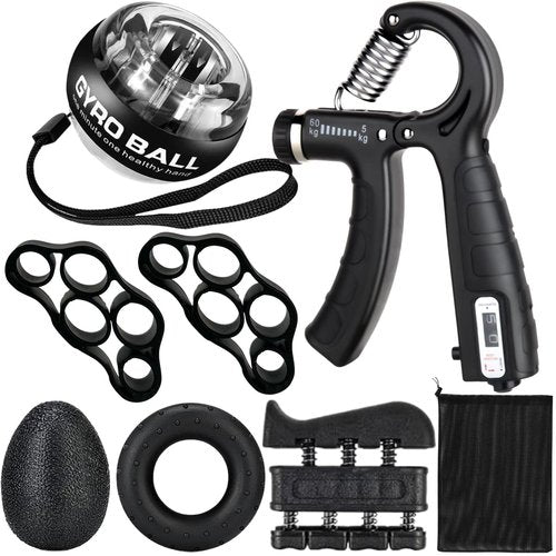 Qishangnana Hand Grip Strengthener Workout Kit (8 Pack) Forearm Grip Adjustable Resistance Hand Gripper, Finger Stretcher, Finger Exerciser, Grip Ring，Gyro Ball (black)
