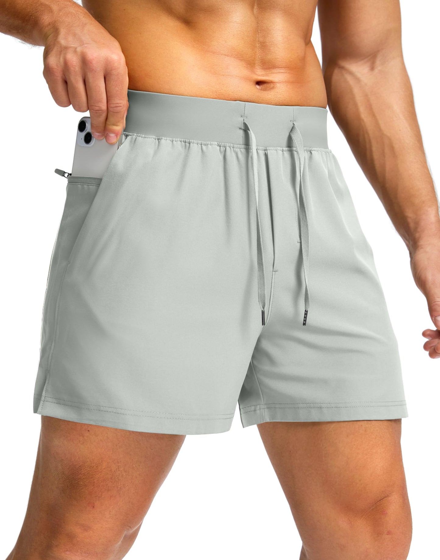 Soothfeel Men's Running Shorts with Zipper Pockets 7 Inch Lightweight Quick Dry Gym Athletic Workout Shorts for Men (Pale White, XXL)