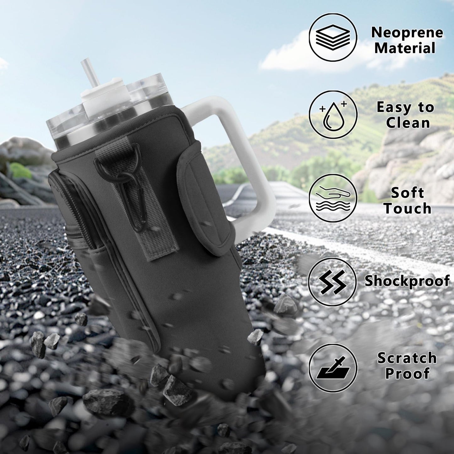 Aganmi Mothers Day Birthday Gifts for Mom Teacher Water Bottle Carrier Bag with Phone Pocket for Stanley 40oz Tumbler Initial Water Bottle Holder with Adjustable Strap for Women Hike Camping Black A