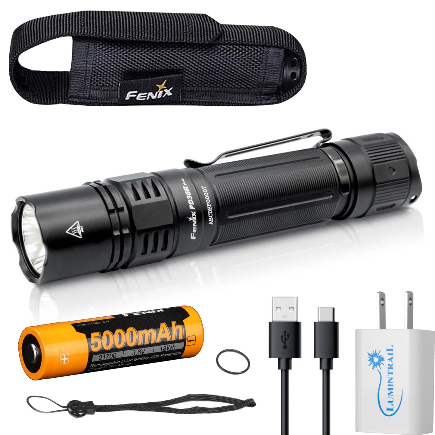 Fenix PD36R Pro High Lumen Tactical Flashlight, 2800 Lumens, Dual Rear Switches, Rechargeable with Battery and USB Wall Plug
