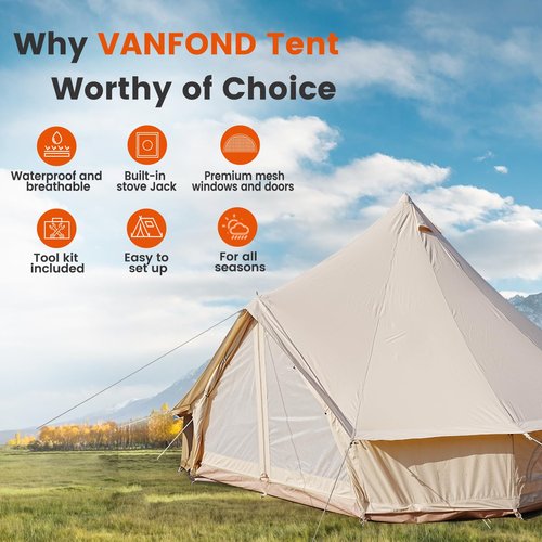 VANFOND Canvas Bell Tent with Stove Jack, Waterproof and Breathable Wall Tent for Glamping and Camping Parties - Detachable Groundsheet (Beige, 10ft(3m))