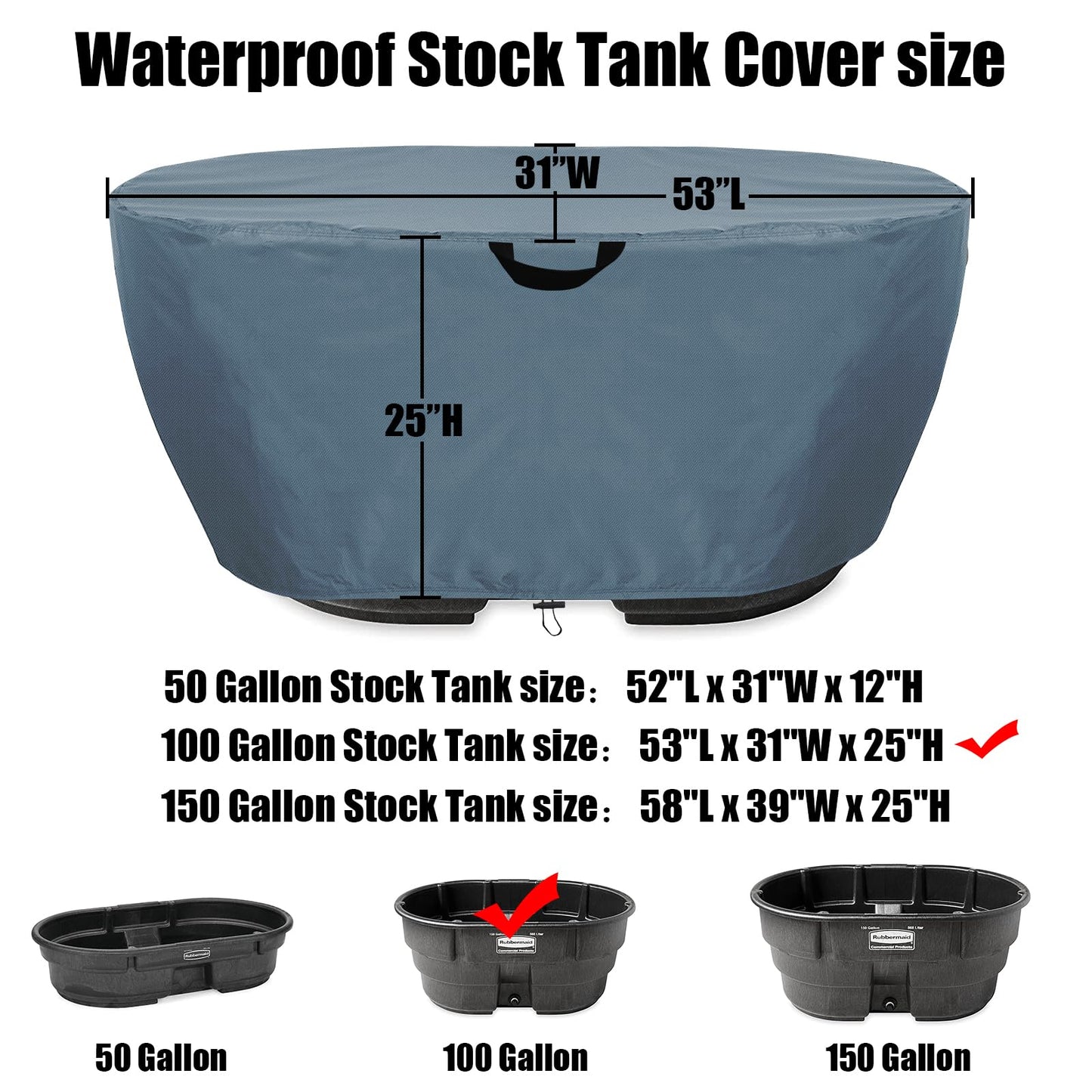 WORUO Waterproof Stock Tank Cover，Keep Your Stock Tank and Pool Clean, Keep Leaves and Debris out, Tear-Resistant and UV Resistant for Dustproof Weather Resistant (for 100 Gallon Oval Tank)