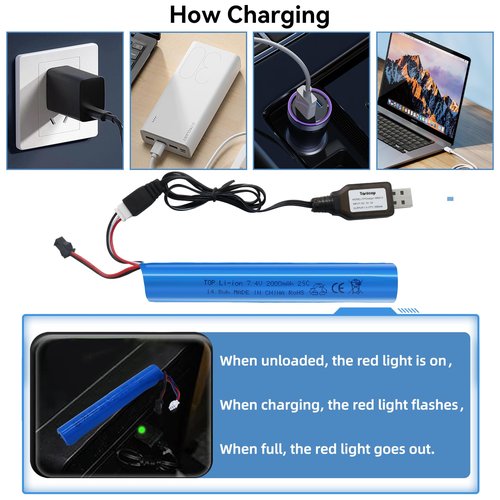 Tosiicop Airsoft Gel Blaster Battery - 7.4V 2000mAh LiPo Batteries for Splatter Ball Accessories SRB400 SRB1200 SRB400-SUB Water Bead MP5K M4 M110 with SM-2P Plug Rechargeable Charging Cable