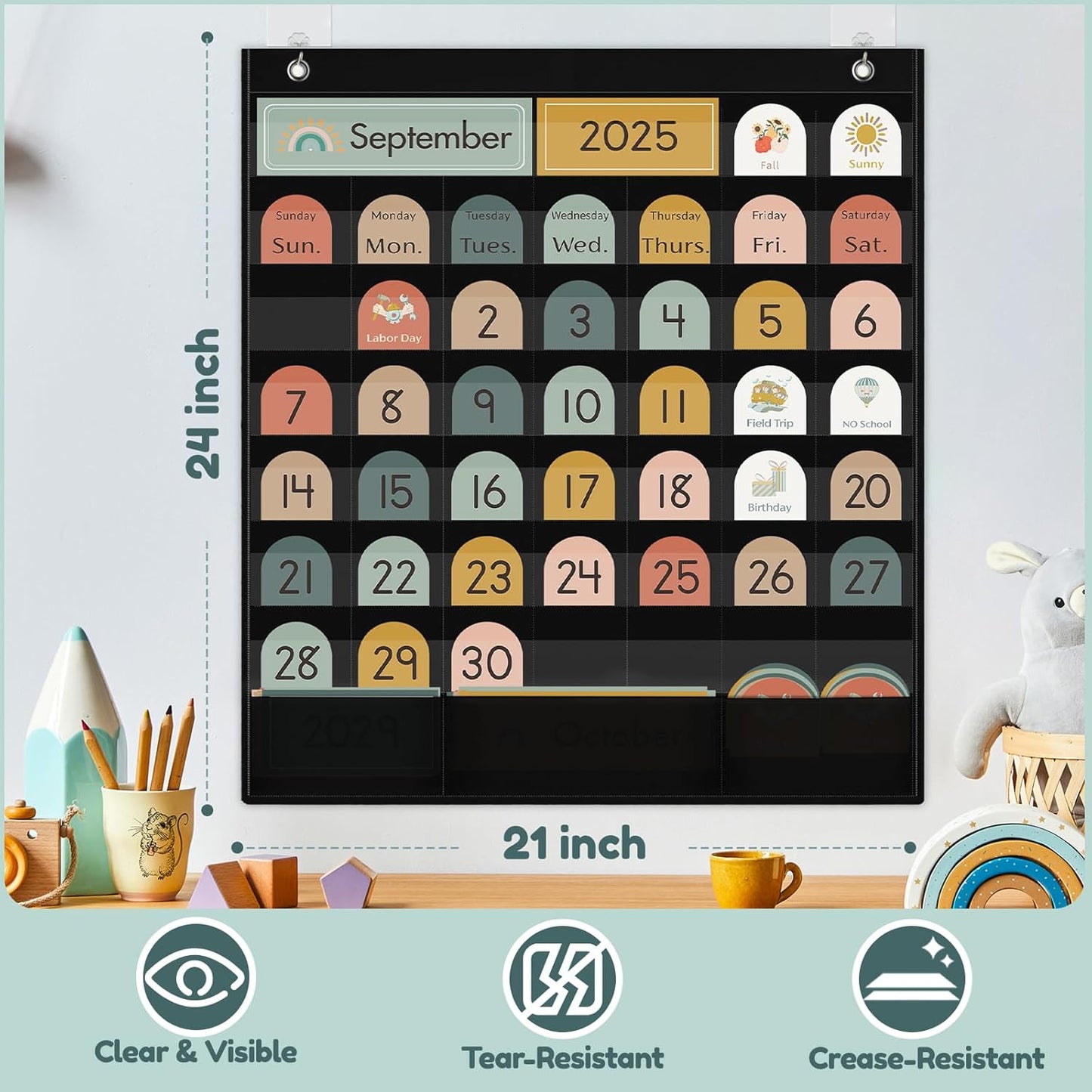 Classroom Monthly Calendar Pocket Chart for Kids Learning, 105 Cards Wall Boho Calendar and Weather, Teacher Supplies for Kindergarten Preschool Elementary Homeschool