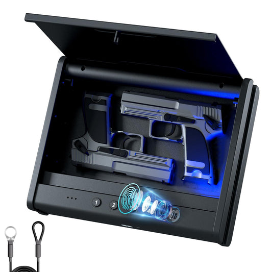 PINEWORLD Gun Safe, Biometric Gun Safe For Handgun, Pistol Safe With Fingerprint Backlit Keypad, Quick Access Handgun Safe for Firearm, Gun Lock Box With Interior Light For Nightstand Car Normal Size