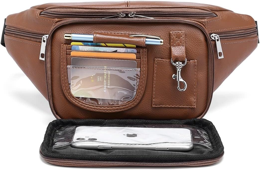 Genuine Leather Large 7 Pocket Waist Pack with Organizer, Card Slots -Brown