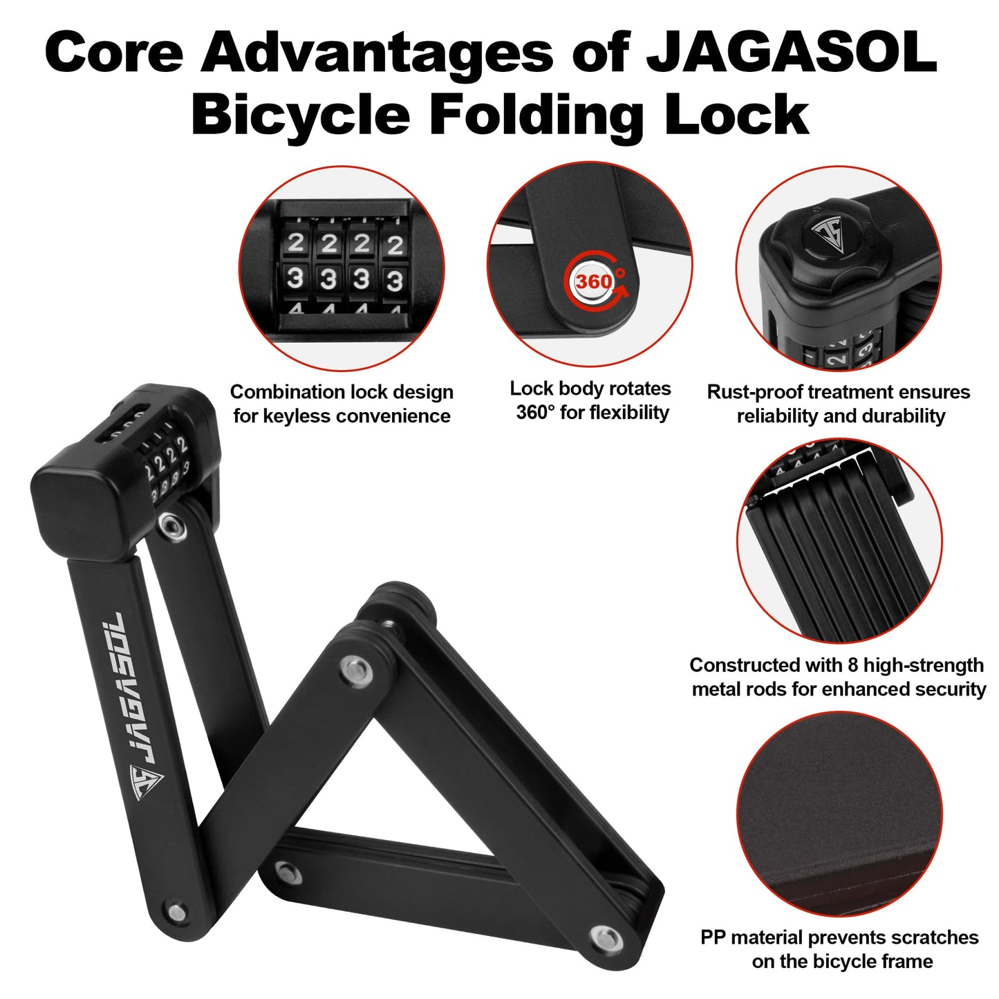 JAGASOL Heavy Duty Anti-Theft Folding Bike Lock, Combination Fold Chain Lock for Bicycle Scooter Motorcycle, 0.8 Inches Wide 0.3 Inches Thick Alloy Steel, Anti-Pinch, Anti-Crush, Anti-Saw, 110 cm