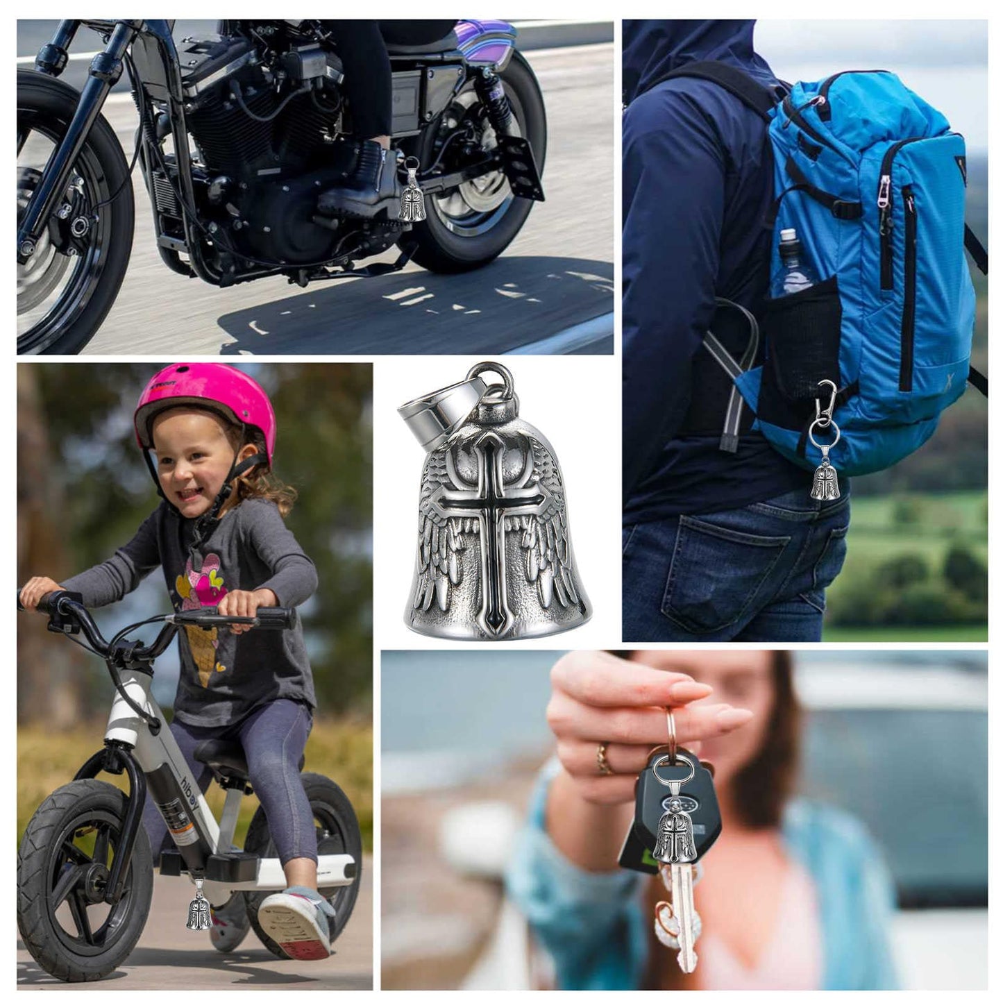CTZSR Motorcycle Bell Guardian Angel - Good Luck Charm Gift For Rider Men Kids Friends With Gift Box, Legend Card, Keychain And Hanger & Weather-resistant Gremlin Bells For Motorcycle Bike (Black)