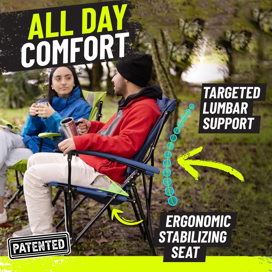 STRONGBACK Elite Folding Camping Lawn Lounge Chair Heavy Duty Camp Outdoor Seat with Lumbar Support and Portable Carry Bag - Navy/Grey