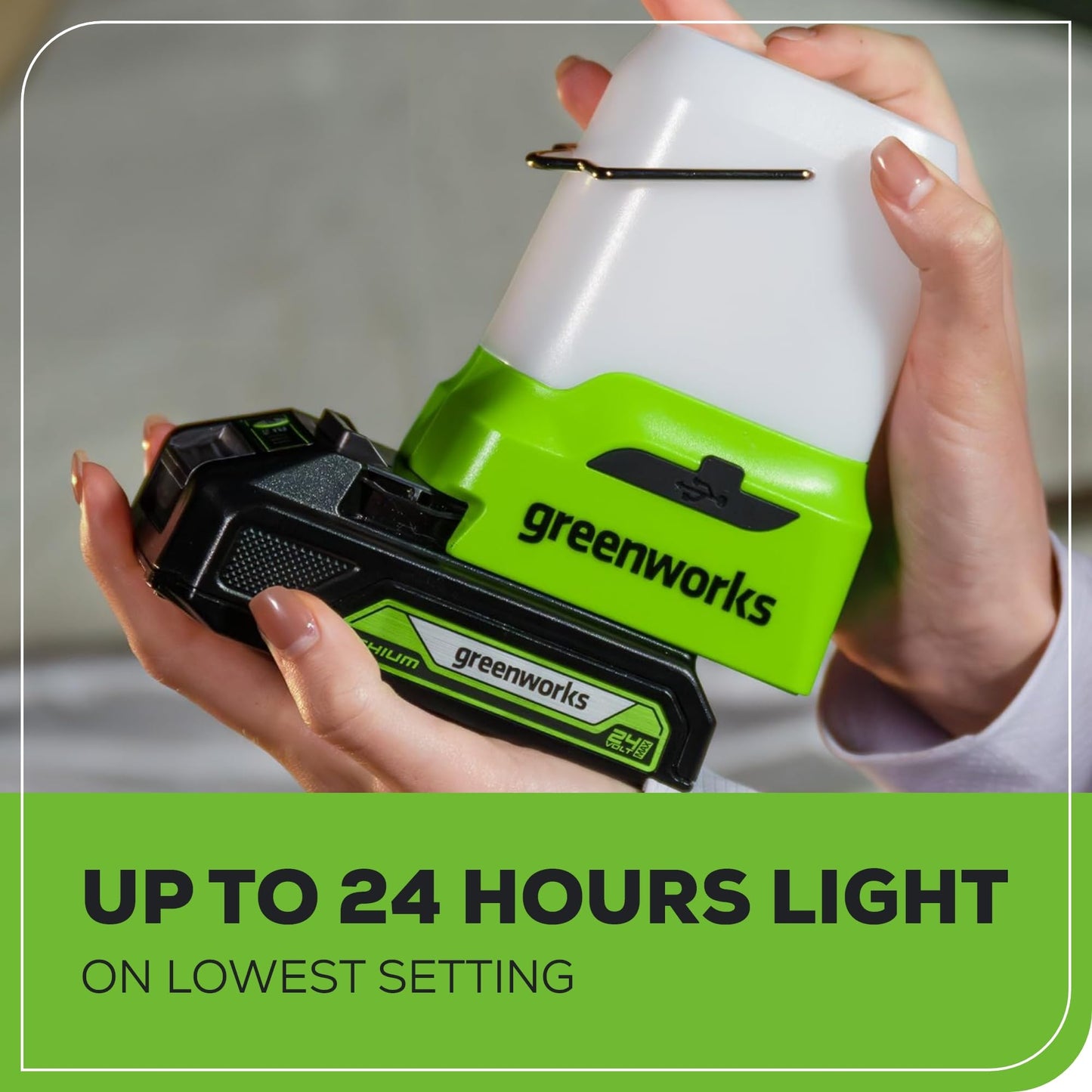 Greenworks 24V Cordless Lantern, Portable 500 Lumens Camping Light with Hook and Two USB Output Ports, 3 Modes, Mini Area Light with 2Ah Battery and Charger