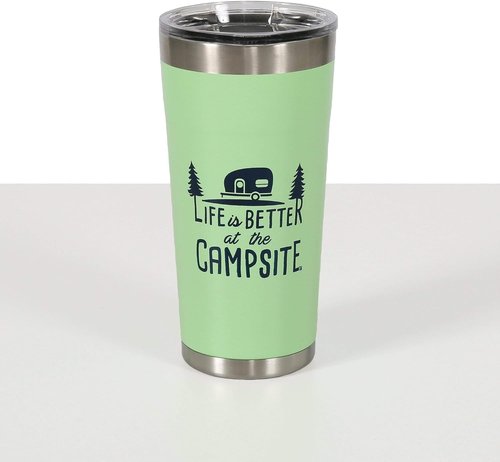 Camco Life is Better at The Campsite Tumbler | Heavy Duty Double Wall Vacuum Insulation | Crafted of 18/8 Stainless Steel | Unique “Life is Better at The Campsite” Design on Coral Pink | 20-oz (53061)