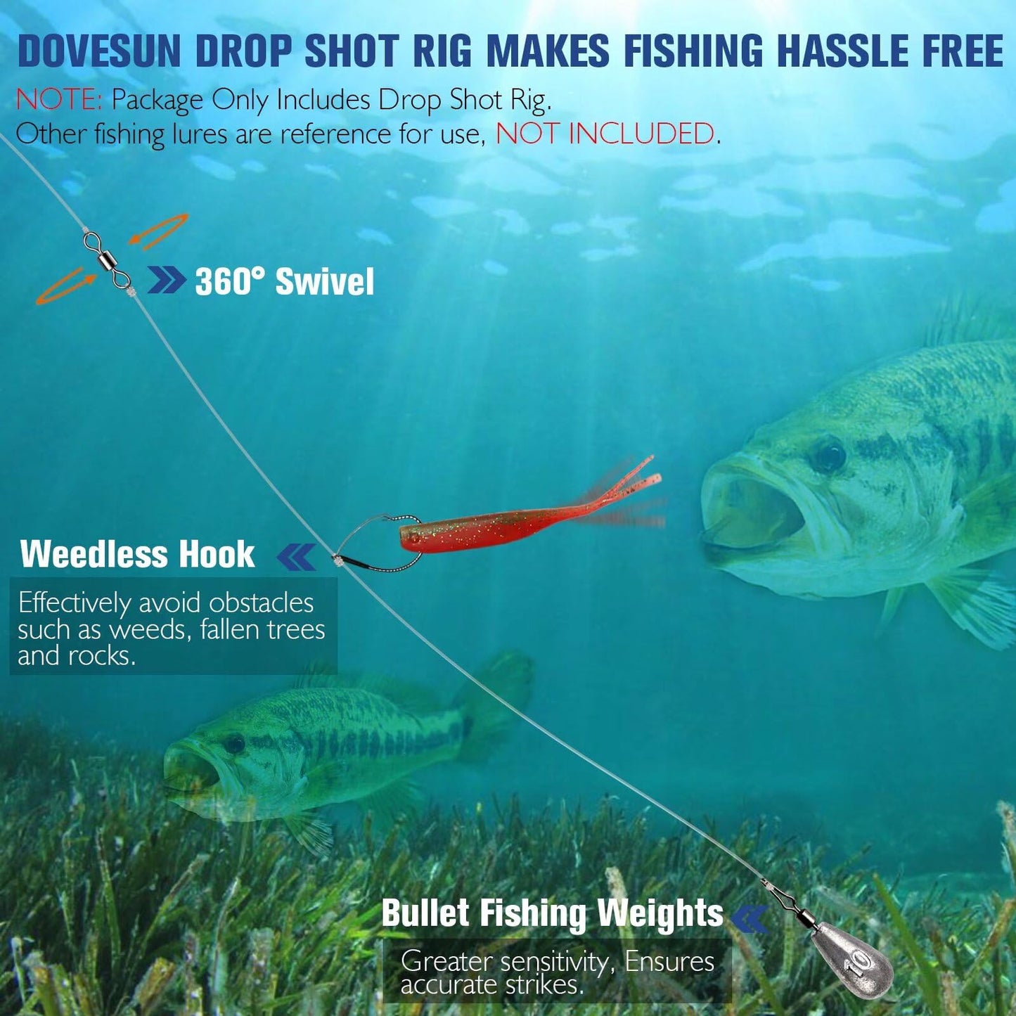 8PCS Ready Tied Drop Shot Rigs for Bass Fishing Drop Shot Hooks Fishing Rig with Drop Shot Weights 1/4OZ Swivel Fluorocarbon Fishing Line Weedless Hooks 1/0