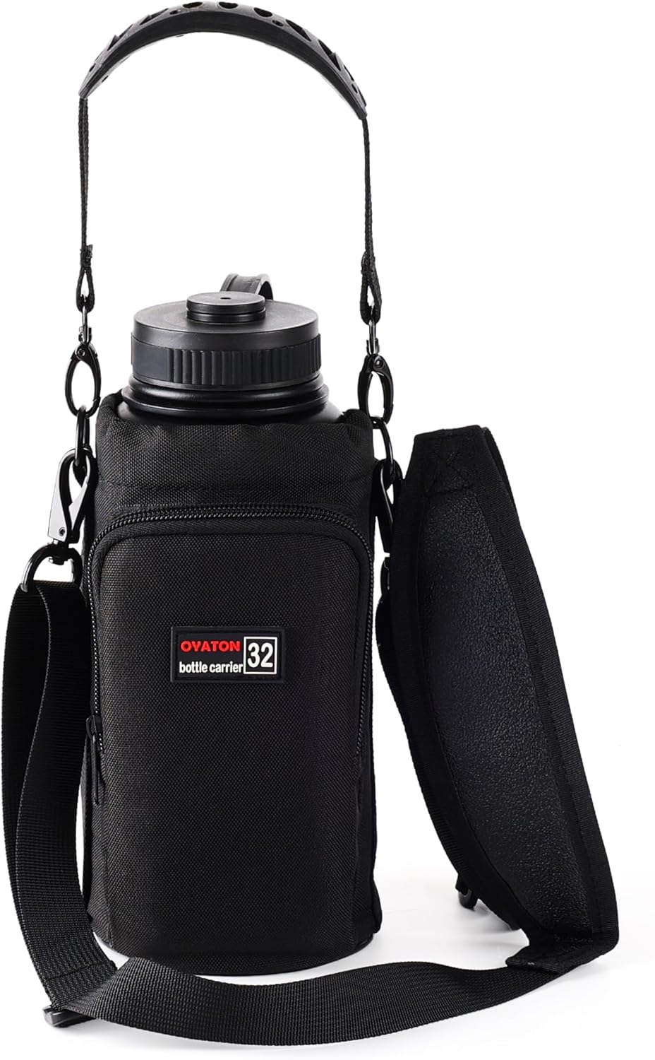 32 oz - 64 oz Black Neoprene Bottle Holder with Strap and Pocket for Walking, Travel and Hiking