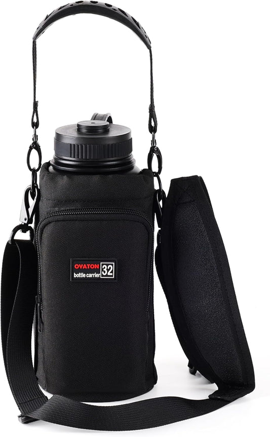 32 oz - 64 oz Black Neoprene Bottle Holder with Strap and Pocket for Walking, Travel and Hiking