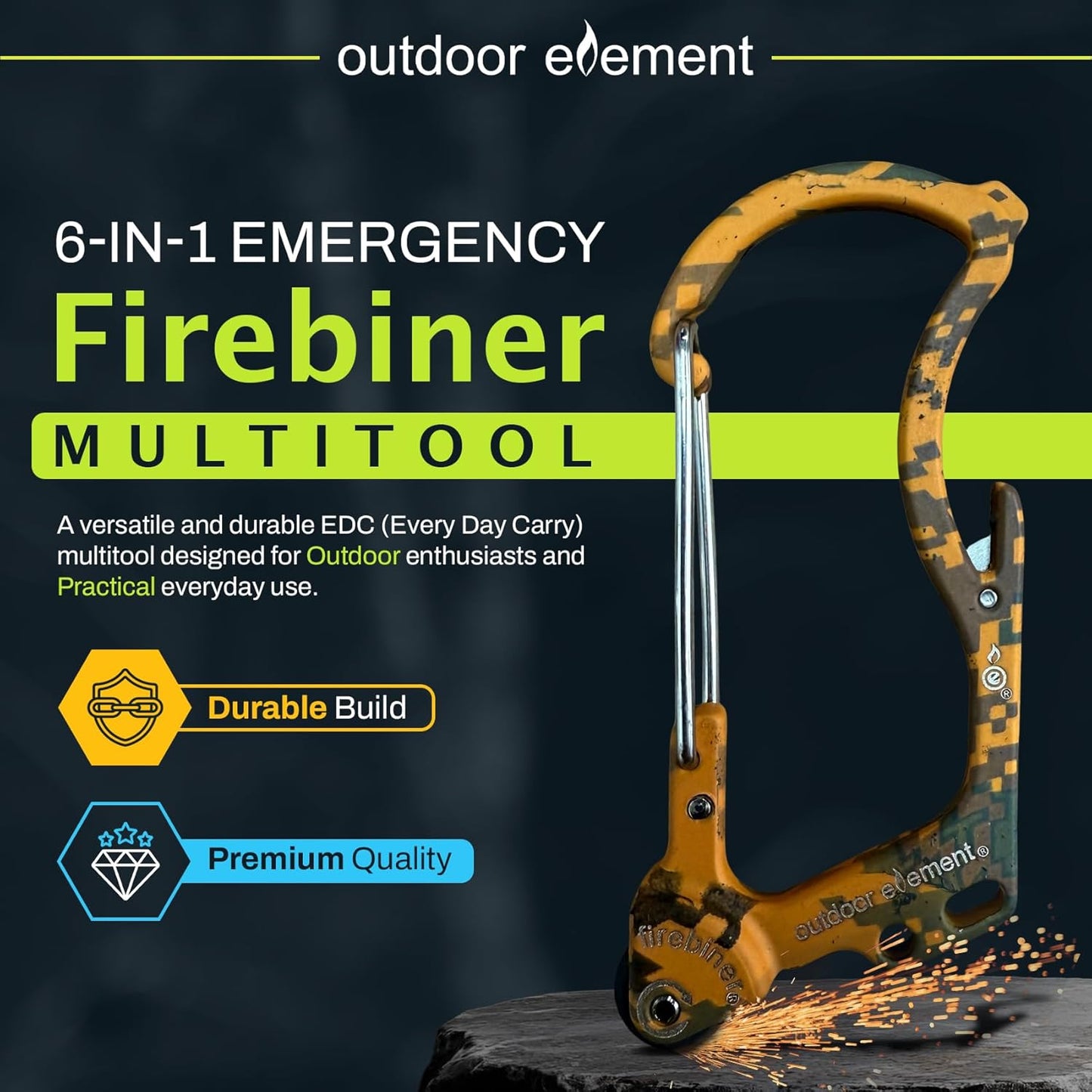Firebiner 6-in-1 Fire-Starting Carabiner EDC Emergency Multitool -Keychain,Utility Blade,Bottle Opener,& More