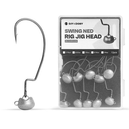 OJY&DOIIIY Swing Weedless Ned Rig Jig Heads, 12 Pack Finesse Mushroom Shaky Jigheads 1/16 3/32 1/8 3/16 1/4oz for Bass Fishing