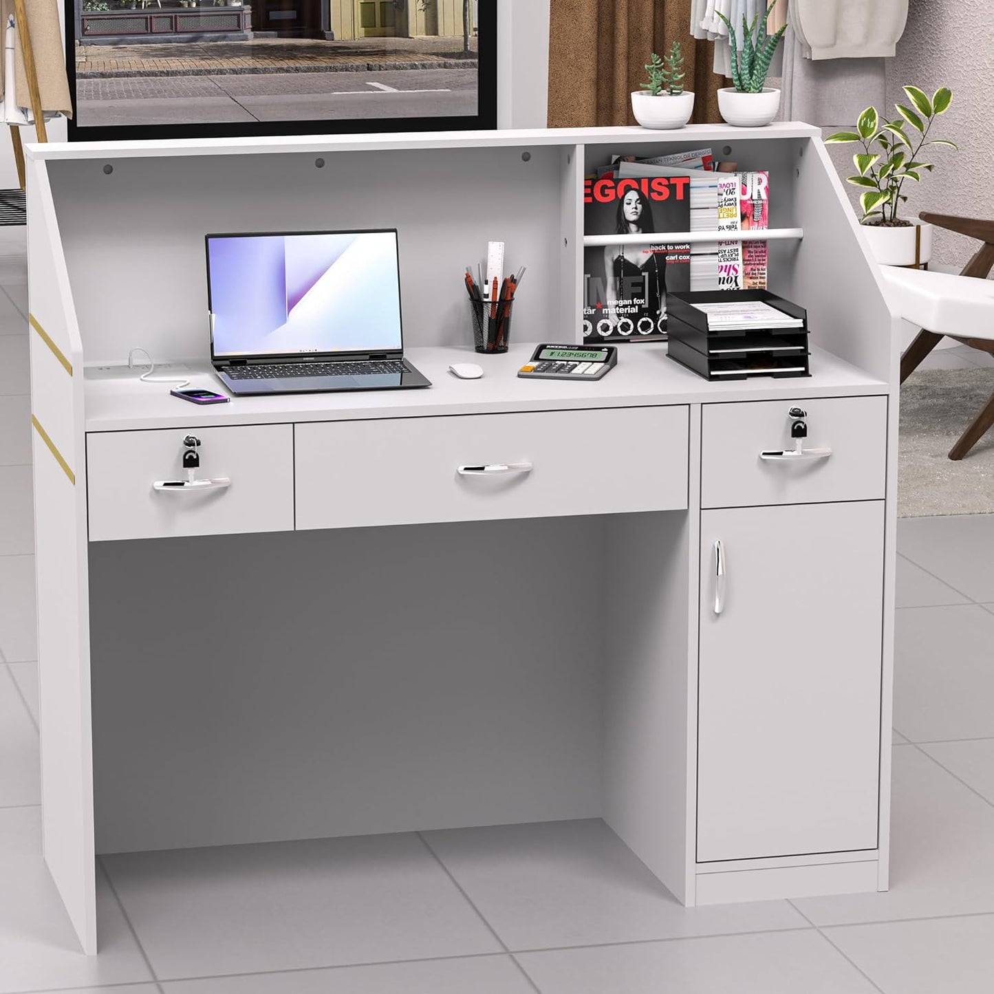AHB Reception Desk with Counter, Modern Front Table Equipped Lockers & Storage Shelves, 50-inch Checkout Counter with LED Lights & DIY Stripe for Lobbies, Salons, Retail, Home Offices, Reception Room