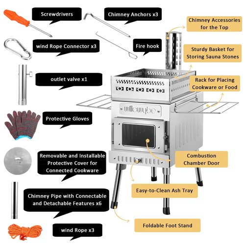 WillowyBe Outdoor Sauna Hot Tent Stove, Rocket Stove Heater, Portable Camping Wood Stove for Dry Sauna, Cooking for Husband and Friends