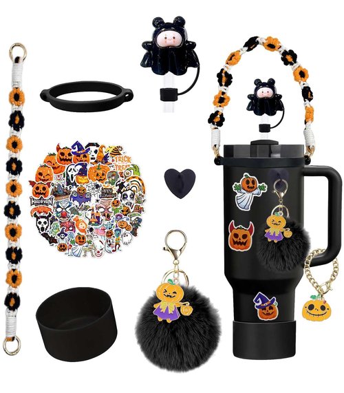 Stanley 10PCS Cup Accessories for 40oz & 30oz Tumbler with Handle, Silicone Straw Topper, Water Bottle Strap, Heart Hook, Lipstick Bag, Keychain Charms (Halloween)