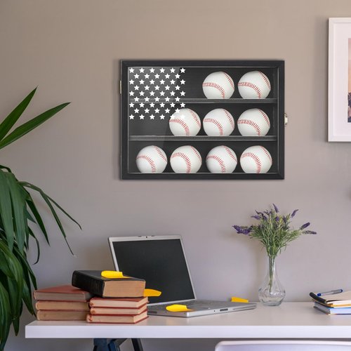 Retro Baseball Display Case Holds 12 Balls, 11"x16" Baseball Storage Box with HD Acrylic Glass, Wall Mount Baseball Ball Holder Stand with Flag for Collectors and Autographed Balls