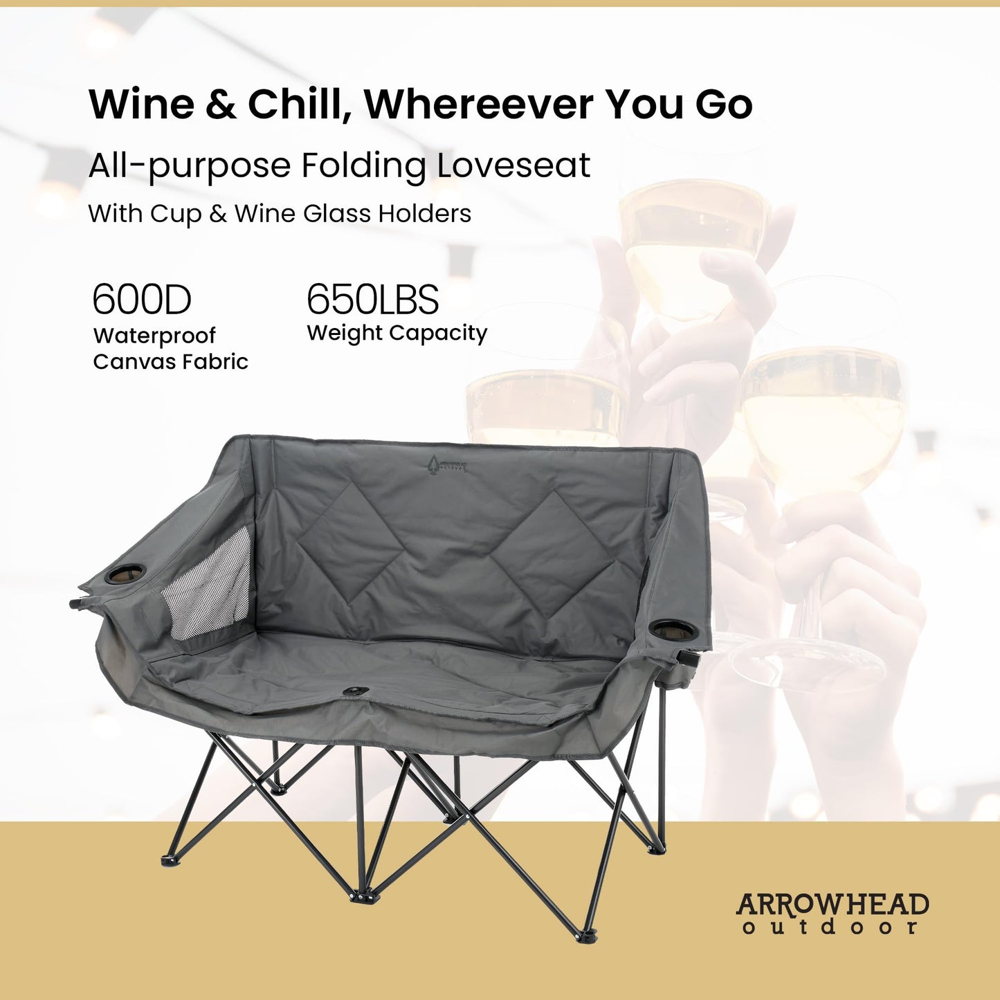 ARROWHEAD OUTDOOR Portable Folding Double Duo Camping Chair Loveseat w/ 2 Cup & Wine Glass Holder, Heavy-Duty Carrying Bag, Padded Seats & Armrests, Supports up to 500lbs, USA-Based Support