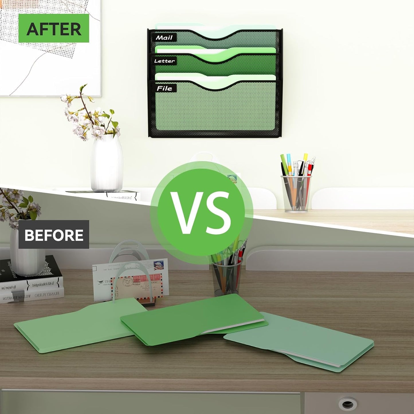 5 Pockets Mesh Hanging Wall File Holder Organizer Wall Mounted Paper Magazine Rack, Black