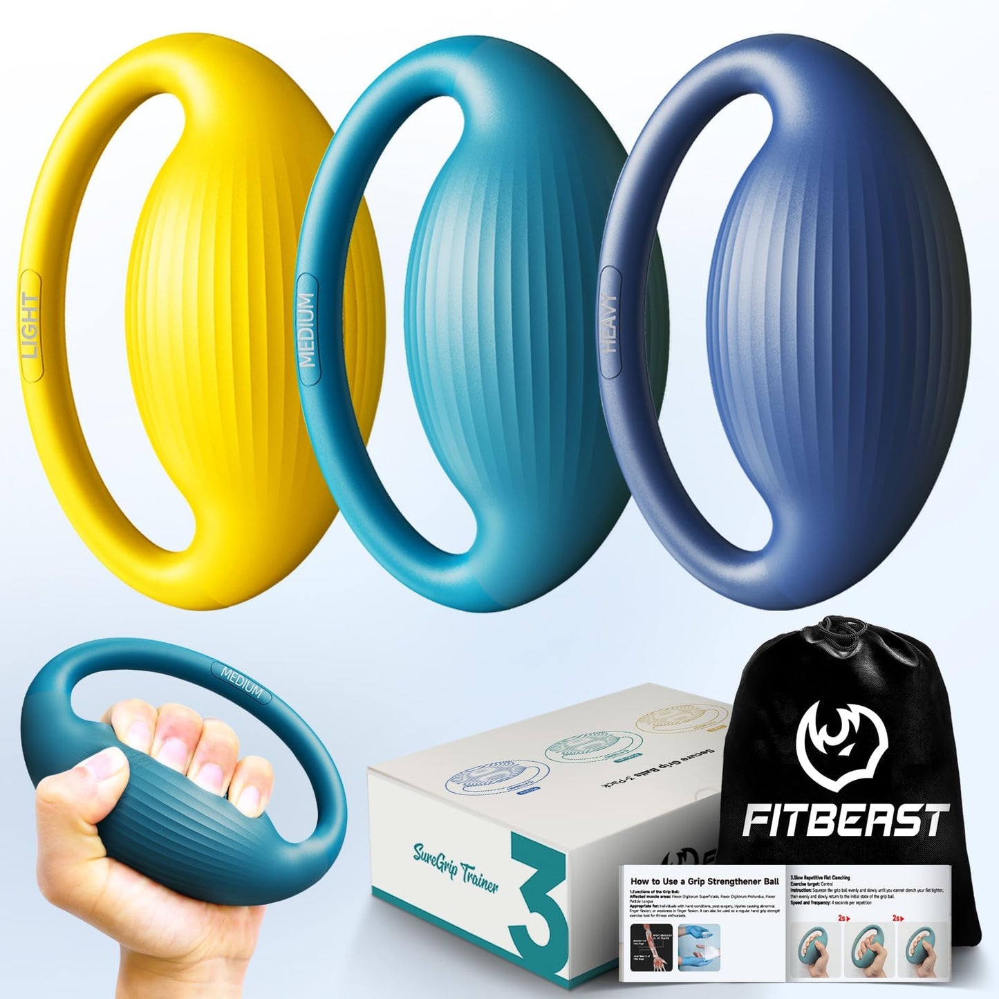 FitBeast Hand Exercise Balls - 3 Resistance Levels Stress Balls for Adults, Squeeze Balls for Hand Therapy, Rehabilitation, Arthritis, Muscle Building (3 Piece Set -Yellow Teal Navy Blue)