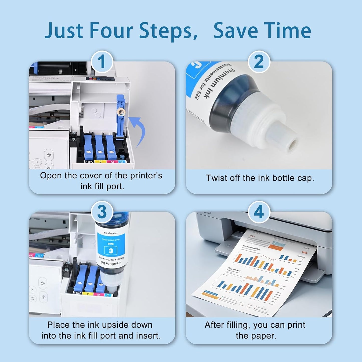 T502 502 Ink Refill Bottles Remanufactured for Epson T502 502 Ink for EcoTank ET-3850 ET-2850 ET-4850 ET-15000 ET-3760 Printer (4 Bottles, BK,CMY)