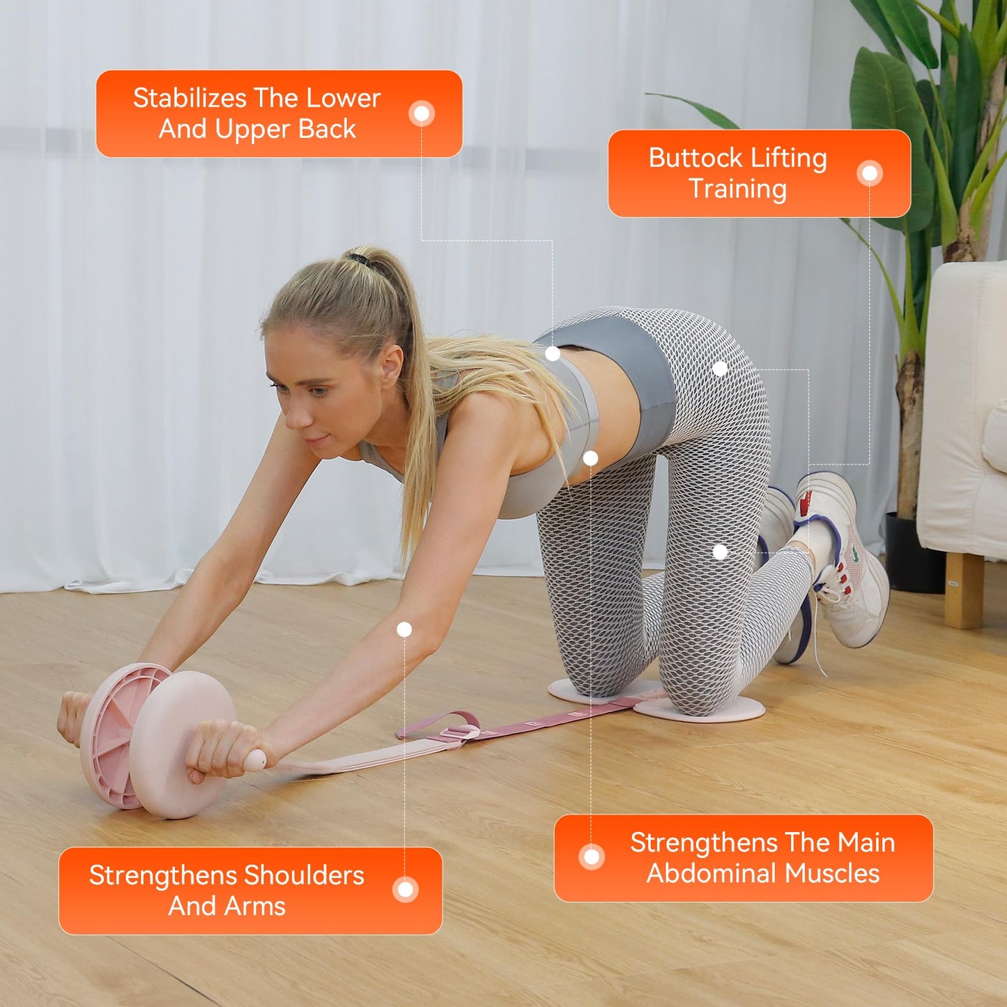 Body Factor Macaroon Ab Wheel with Resistance Band Elastic Strap System for Adjustable Support, Non-Slip Grip Handles (LOTUS)