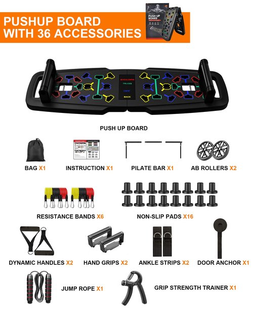 Hinsarcd 36IN1 Portable Exercise Equipment, Push Up Board, Pilates Bar Resistance Bands Ab Roller, Pushup Board Home Gym Strength Training Full Body Workout for Men and Women