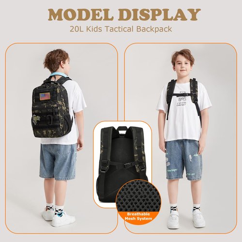 XINTREY Kids tactical Backpack for Boys School Bag 20L mini Children Backpack for Outdoor Camping Travel (Black Camo)