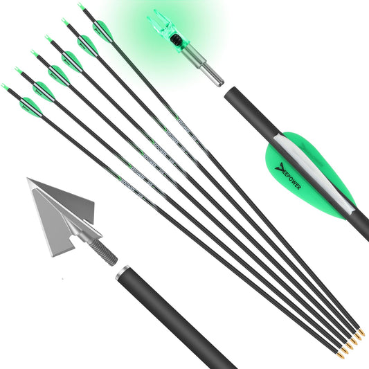 DEEPOWER 31 inch 100% Carbon Arrows with Fixed Blade Broadhead and Lighted Nocks 6 Pack for Compound Bow and Recurve Bow Shaft Spine 300/350/400/500