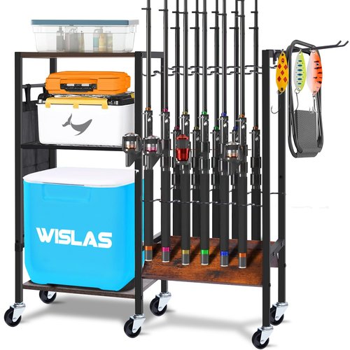 NAICKUC Fishing Rod Holders for Garage, Pole Holders with Wheels for 12-Rods, Fishing Rod Rack with 3 Tier Storage Organizer, Fishing Gear Equipment Organizer Cart, Ideal Gifts for Men Dad
