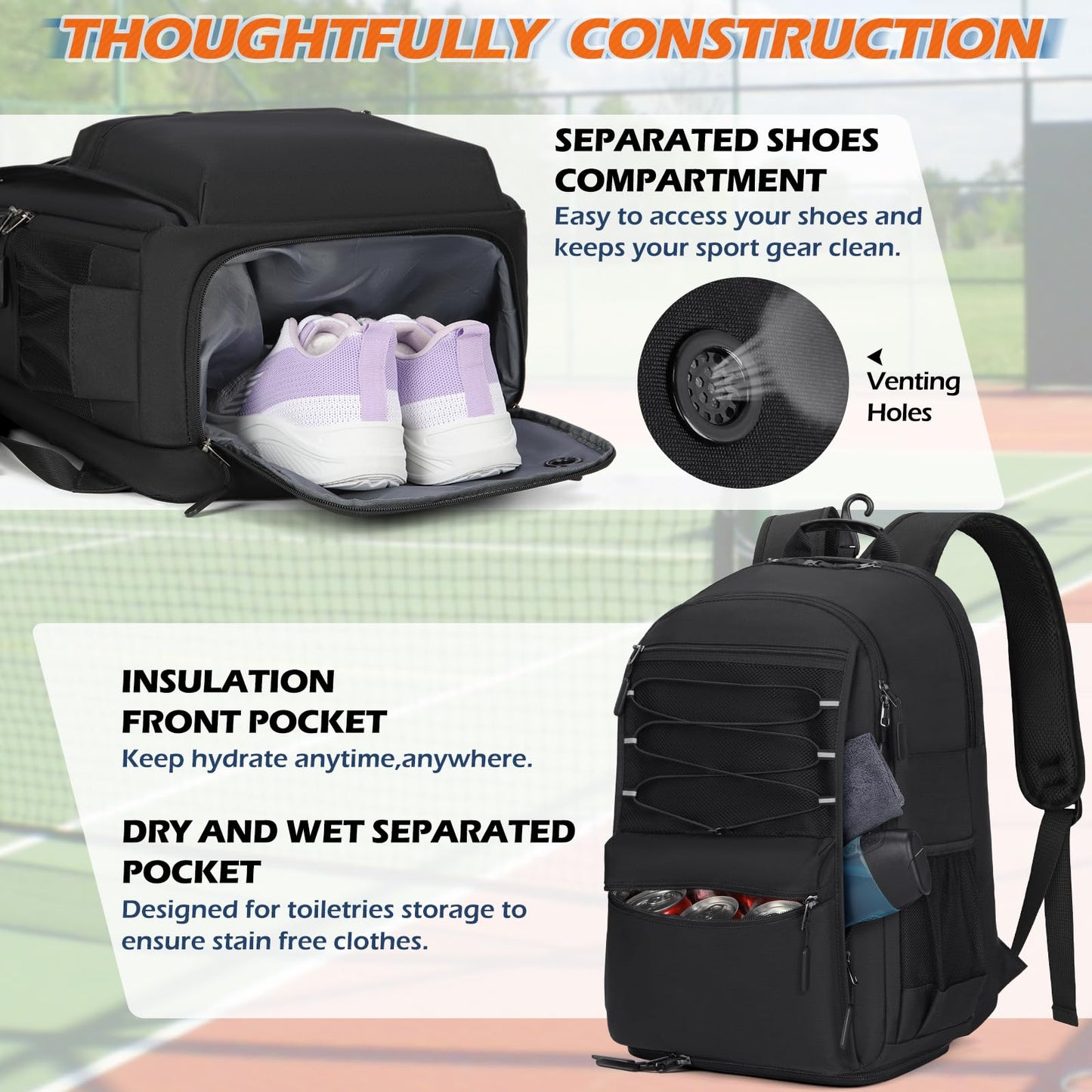 IGOLUMON Tennis Bag Tennis Backpack, Large Tennis Bags for Women and Men Racket Bags Holds 2 Rackets with Insulated Pocket Ventilated Shoe Compartment, for Pickleball, Badminton, Squash,Black