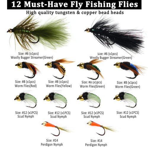 IEVEI 12Pcs Fly Fishing Flies Kit, Premium Hand-Tied Fly Fishing Flies Assortment, Dry/Wet Flies, Nymphs Scud Streamers Flies with Portable Fly Fishing Box for Trout Bass Fishing Lures
