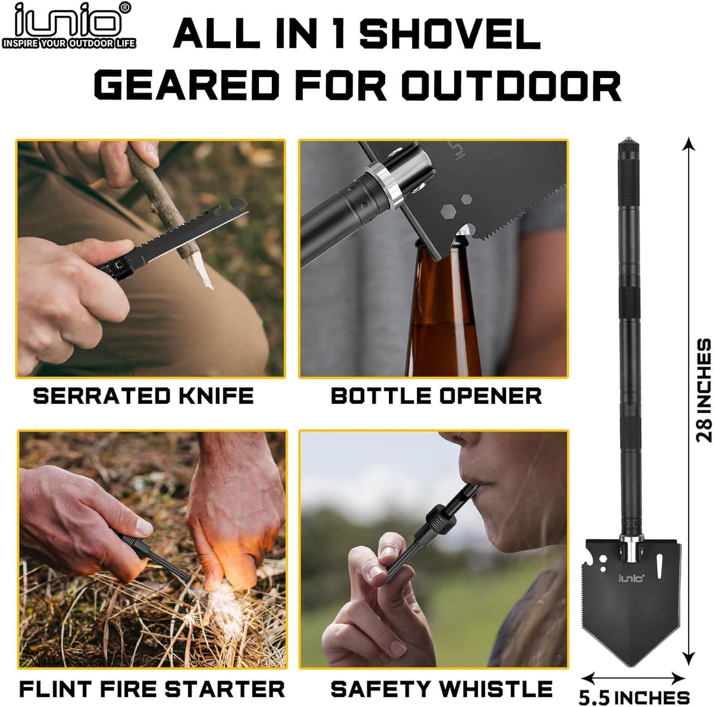 iunio Camping Shovel,Shovel Folding, Portable, Multitool, Foldable Entrenching Tool, Collapsible Spade, for Backpacking, Trenching, Hiking, Survival, Car Emergency