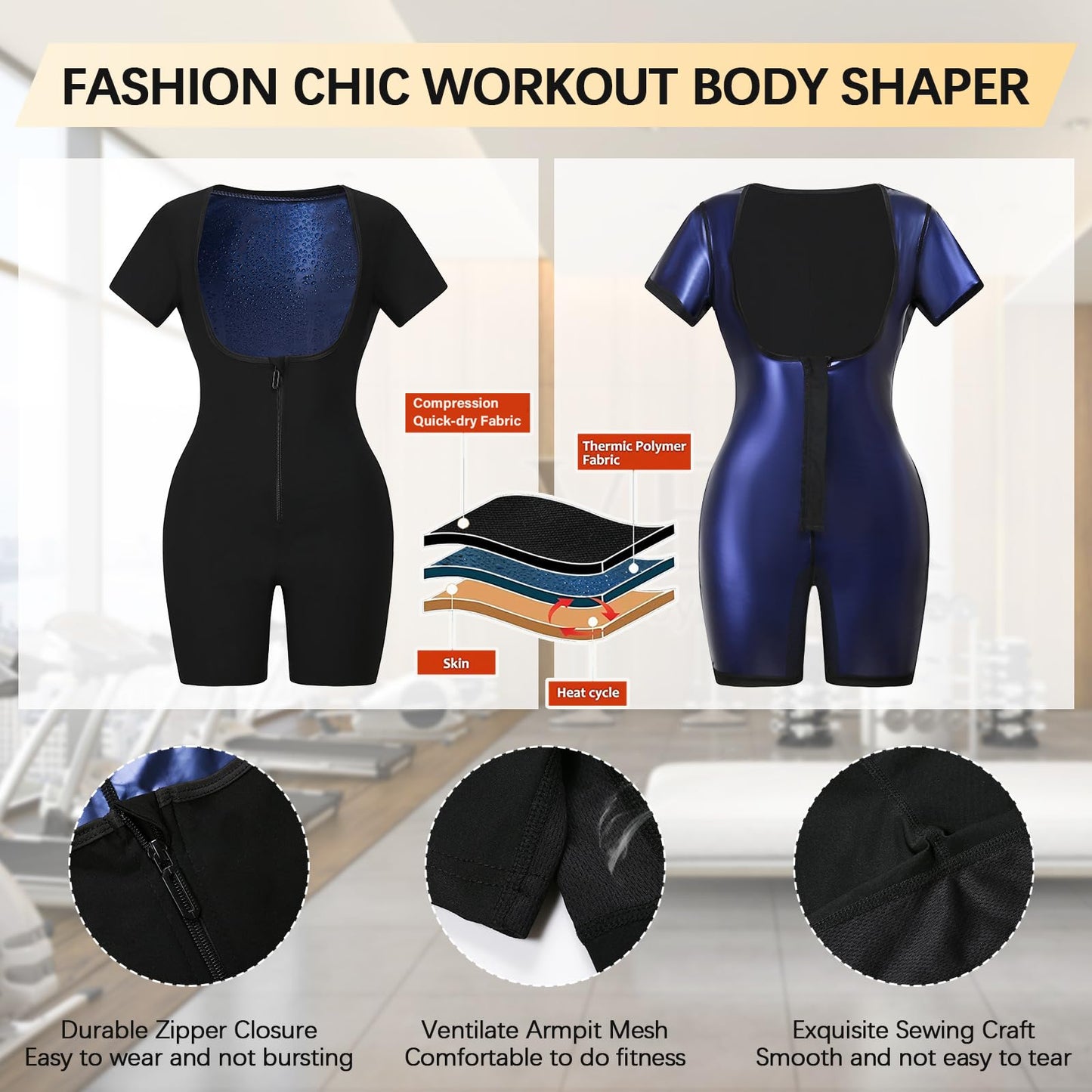 Everfion Sauna Suit for Women Full Body Waist Trainer Short Sleeve Sweat Suit with Shorts Full Body Shaper (Blue, L)