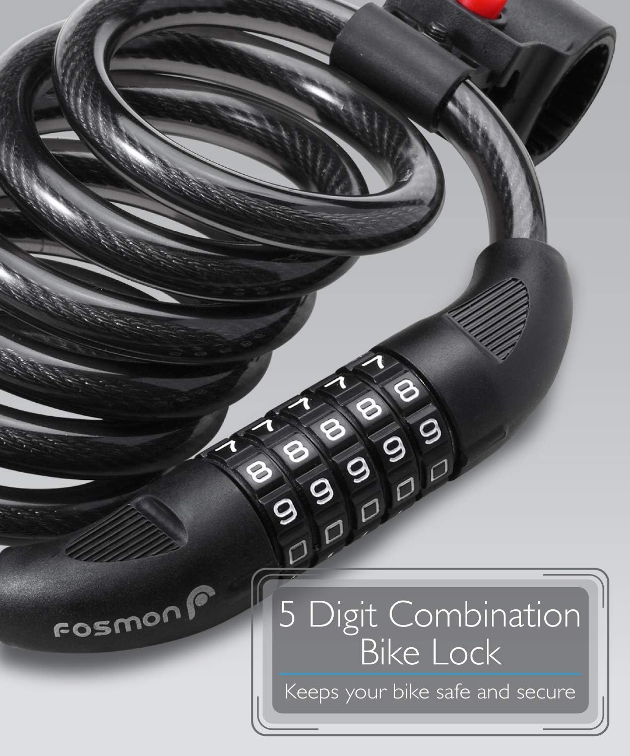 Fosmon Bike Lock Cable (6 Feet), Heavy Duty 5-Digit Self Coiling Resettable Combination Code, Bicycle Chain Flexible Steel Security Cable Lock with Bike Mount Holder - Black