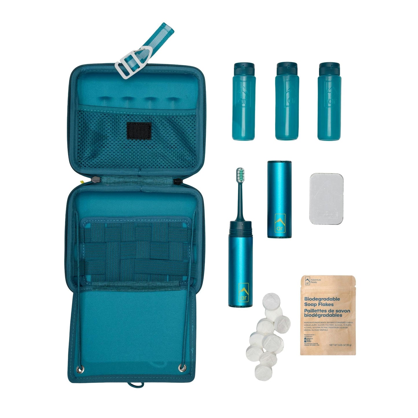 Adventure Ready Adventure Hanging Toiletry Kit - Camping Toiletry Bag with Soap Flakes, Compressed Towelettes, Toothbrush, Mirror & More