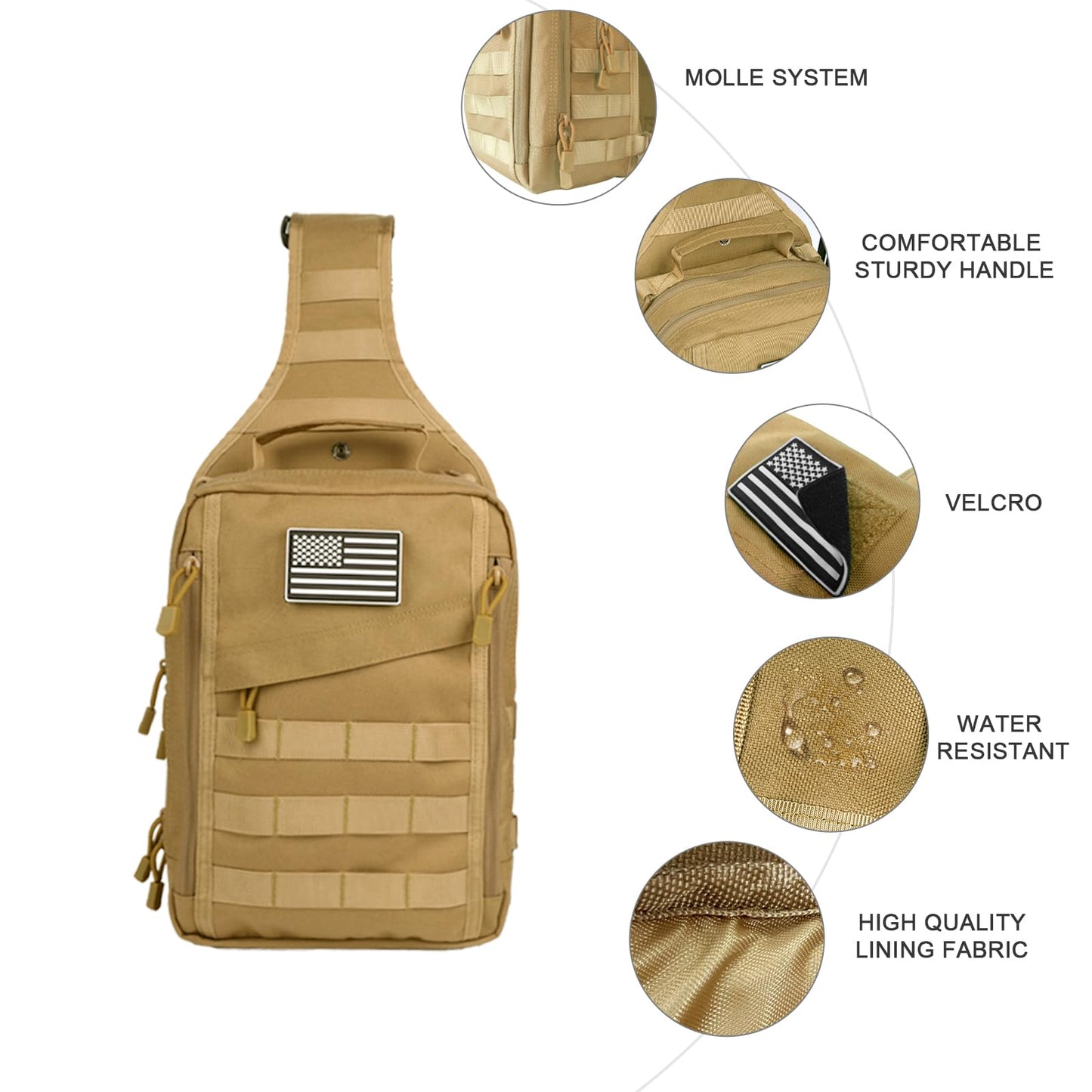 hopopower Tactical Sling Bag for Men Military Shoulder Backpack Range Bag Sport Fishing Bag Pack Small Utility Backpack Crossbody Chest Bag for Every Day Carry, Khaki