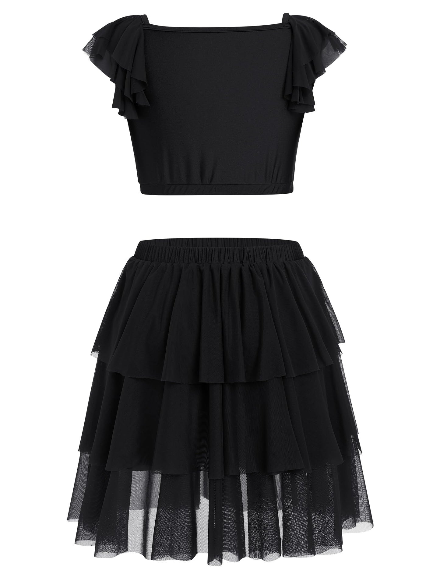 Lyrical Dance Dress for Women Ruffle Sleeve Square Neck Sparkly Sequins Crop Top Tiered Chiffon Midi Skirt Teen Girl Contemporary Dance Outfits Ballerina Dance Dress Black S