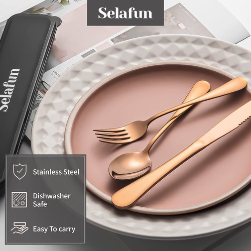 Selafun 18/8 Travel Cutlery Set with Case Portable Silverware Utensils Set,4-pieces Stainless Steel Reusable Flatware Set Cutlery Set for Camping Picnic Hiking Office, Dishwasher Safe