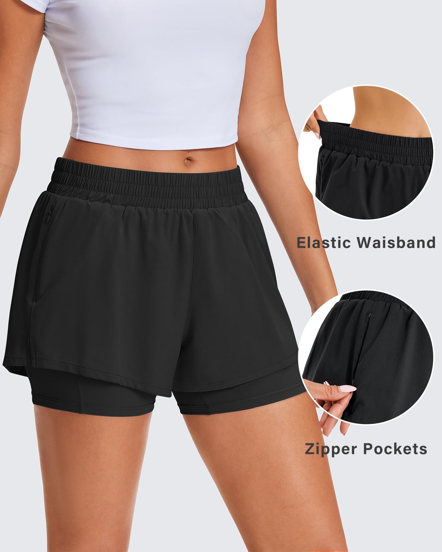 Stelle Women's 2 in 1 Running Shorts Athletic Workout Gym Shorts High Waisted Shorts with Liner Zipper Pockets (Black, Medium)