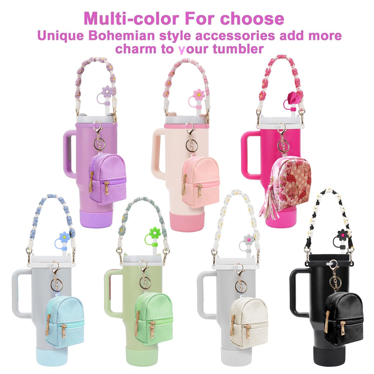 GODLIY 7 PCS Cup Accessories Set Including Water Bottle Handle Strap Silicone Boot,Coin purse,Silicone Cup Boot, Straw Cover for Stanley 30oz & 40oz Tumbler (Pink)