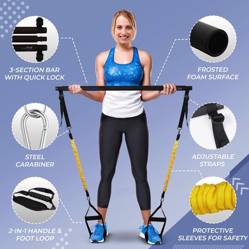 Verde Acqua Pilates Essentials Kit for Short Women with Resistance Bands - Multifunctional Pilates Sculpt Bar - Home Gym Workout Equipment - Includes Exercise Chart for Full Body Workout