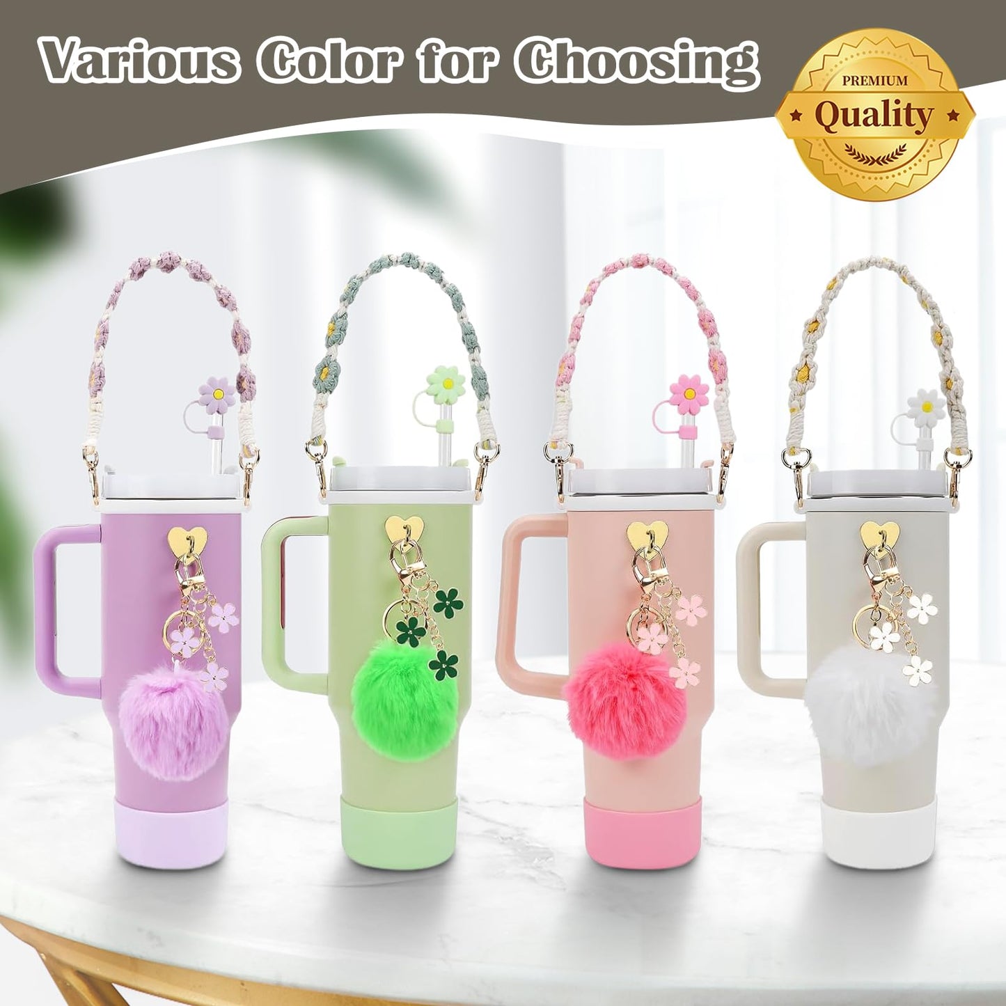 Gestarich 7PCS Stanley Cup Accessories, White Silicone Tumbler Accessories for 30/40oz Stanley Tumbler, Including Straw Cover, Boot, Hand Strap, 4 Pcs Charms