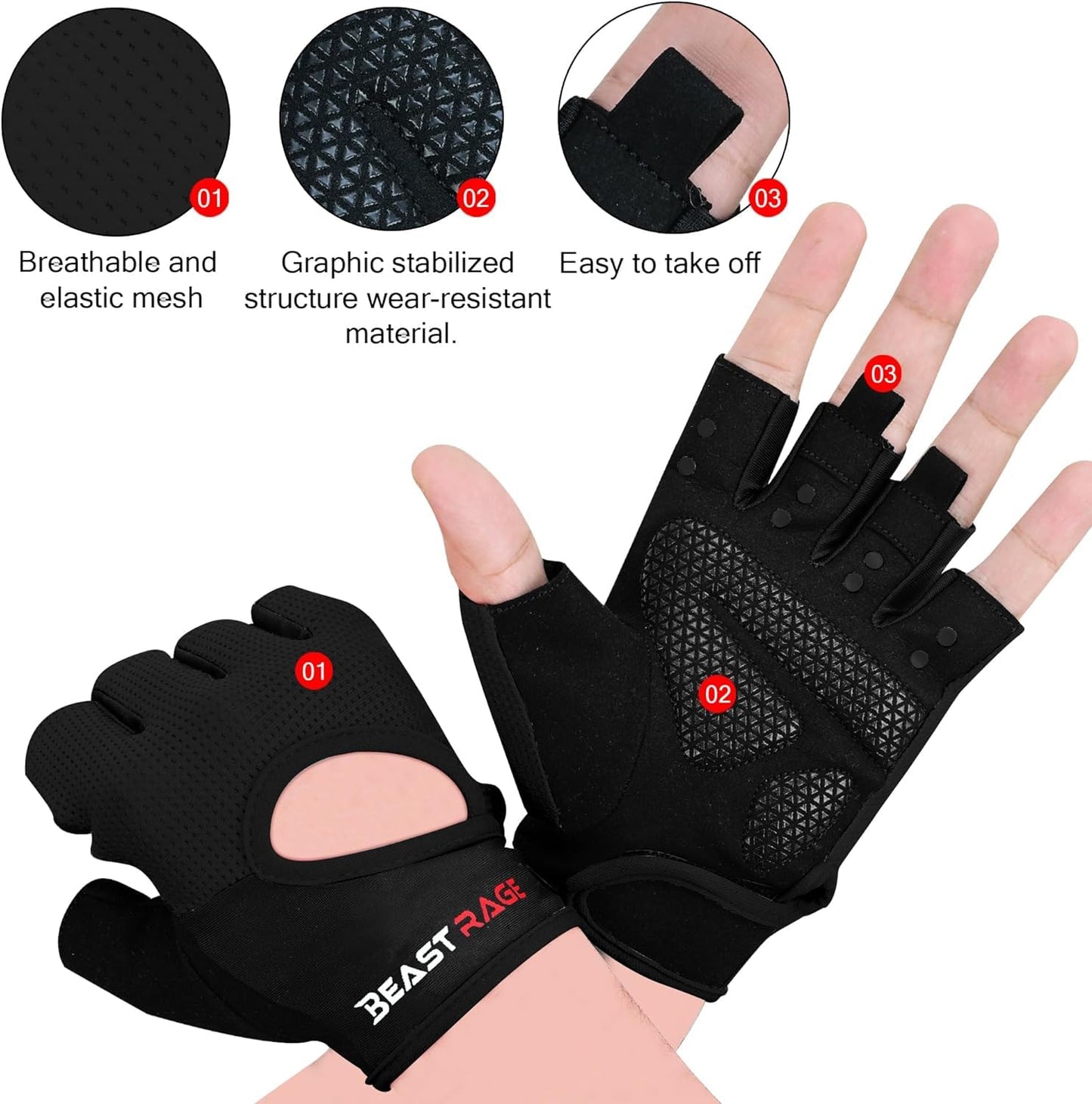 BEAST RAGE Workout Gloves for Men Gym Gloves for Weightlifting Women Fingerless with Palm Protection Padding, Breathable and Lightweight Weight Lifting Glove Cycling Pull Up (Black, M)