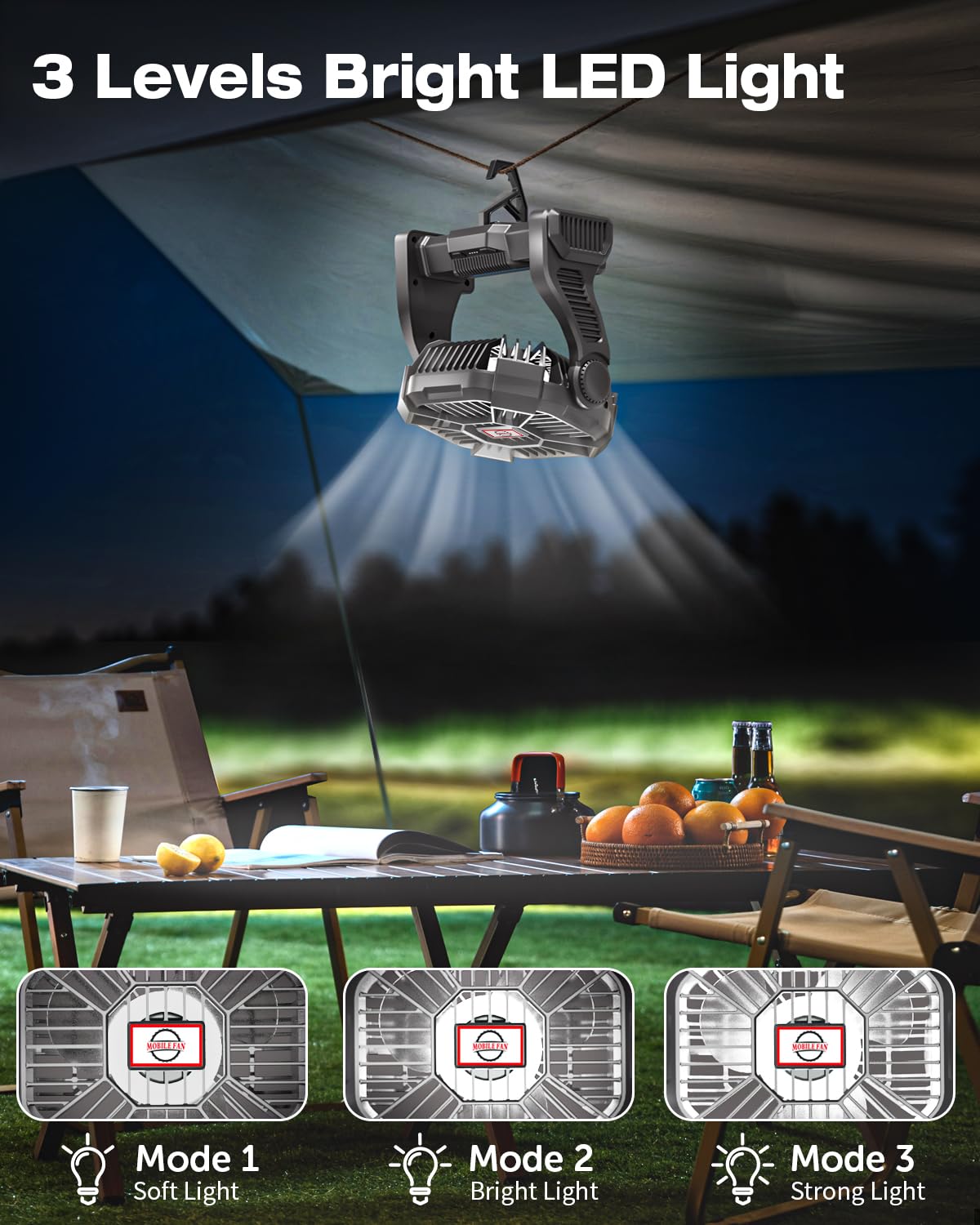 AEscod Portable Camping Fan, Rechargeable Battery Operated with LED Lights, Hanging Hook, 270°Rotation, 20000mAh Battery Powered Fan for Beach, Office, Picnic, Fishing, Travel, Tent